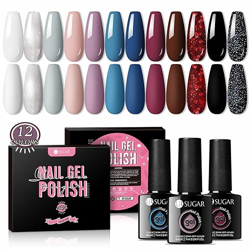 UR SUGAR Black White Gel Nail Polish Set, 12 Colours Pink Brown Glitter Nail Varnish Soak Off U V Nail Lamp Gel Polish Set for All Seasons Manicure Gift Set Box Kit