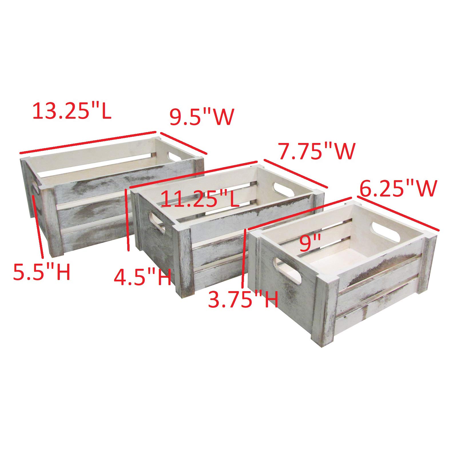 Admired By Nature Distressed Decorative Set of 3 Rectangle Storage Gift Wood Crates, A. Rustic White