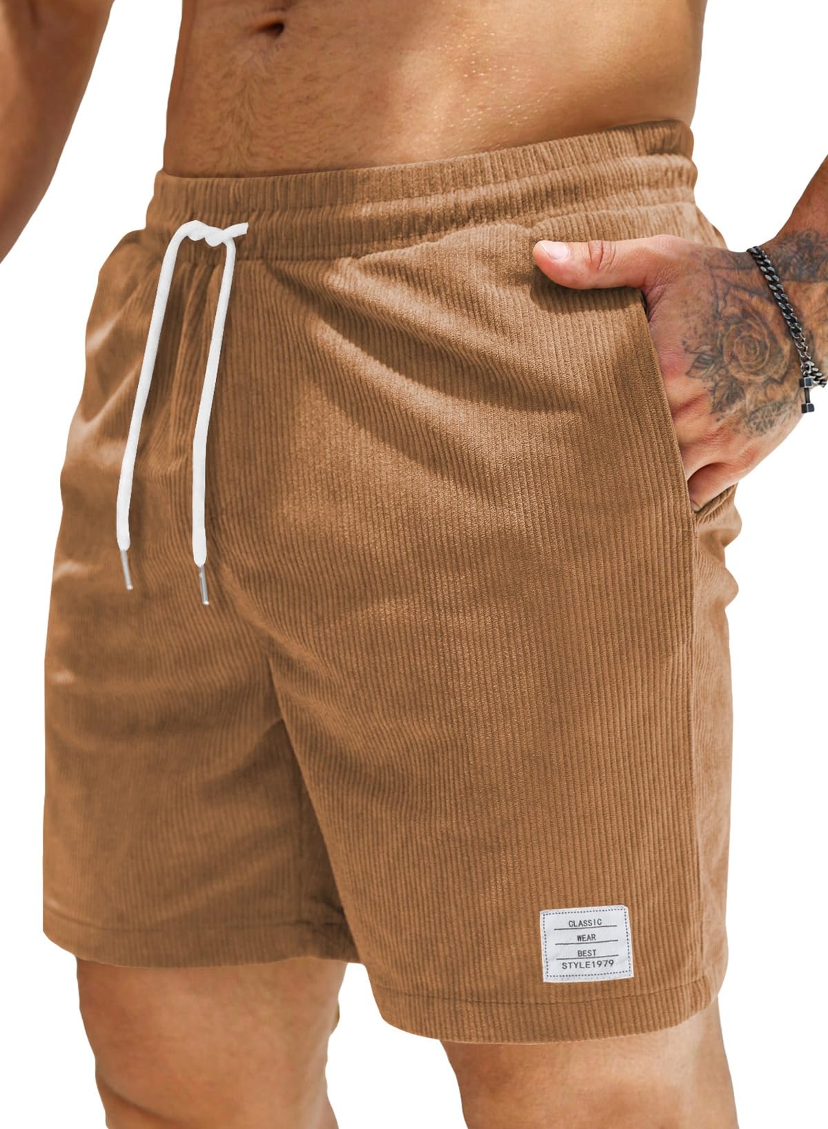 Photo 1 of JMIERR Men's Corduroy Shorts Casual Elastic Waist Drawstring Lightweight Summer Beach Shorts US 32 (Small) Camel