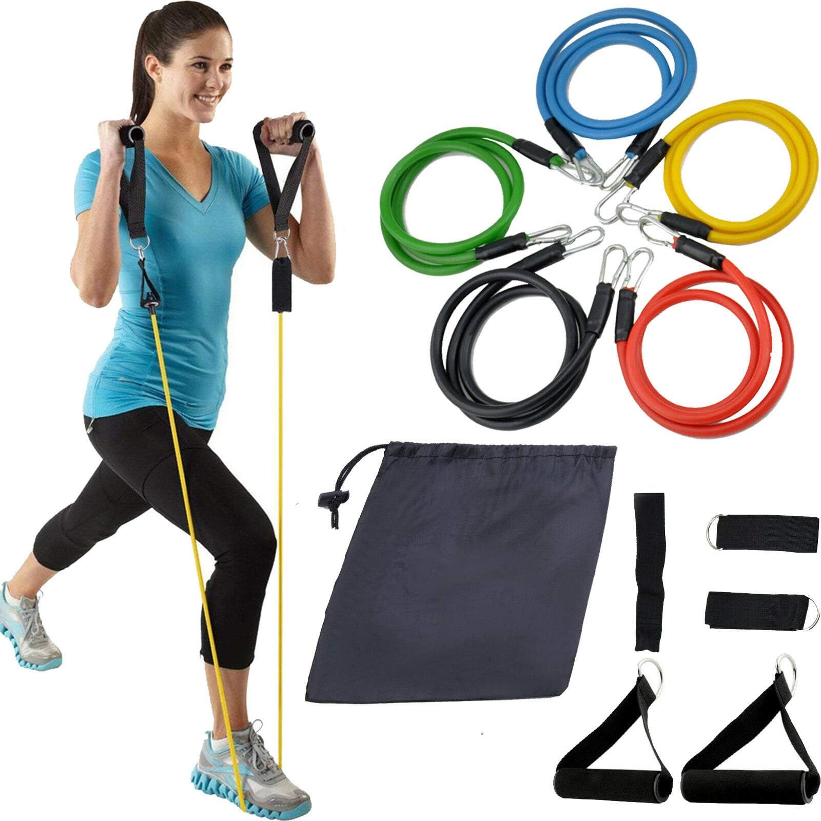 SourceDIY Pack of 10 Sets - Exercise Resistance Bands Home Gym Equipment Workout Set 11 Piece With Fitness Tubes Foam Handles Elastic Pull Rope Tummy Stretching For Men Women