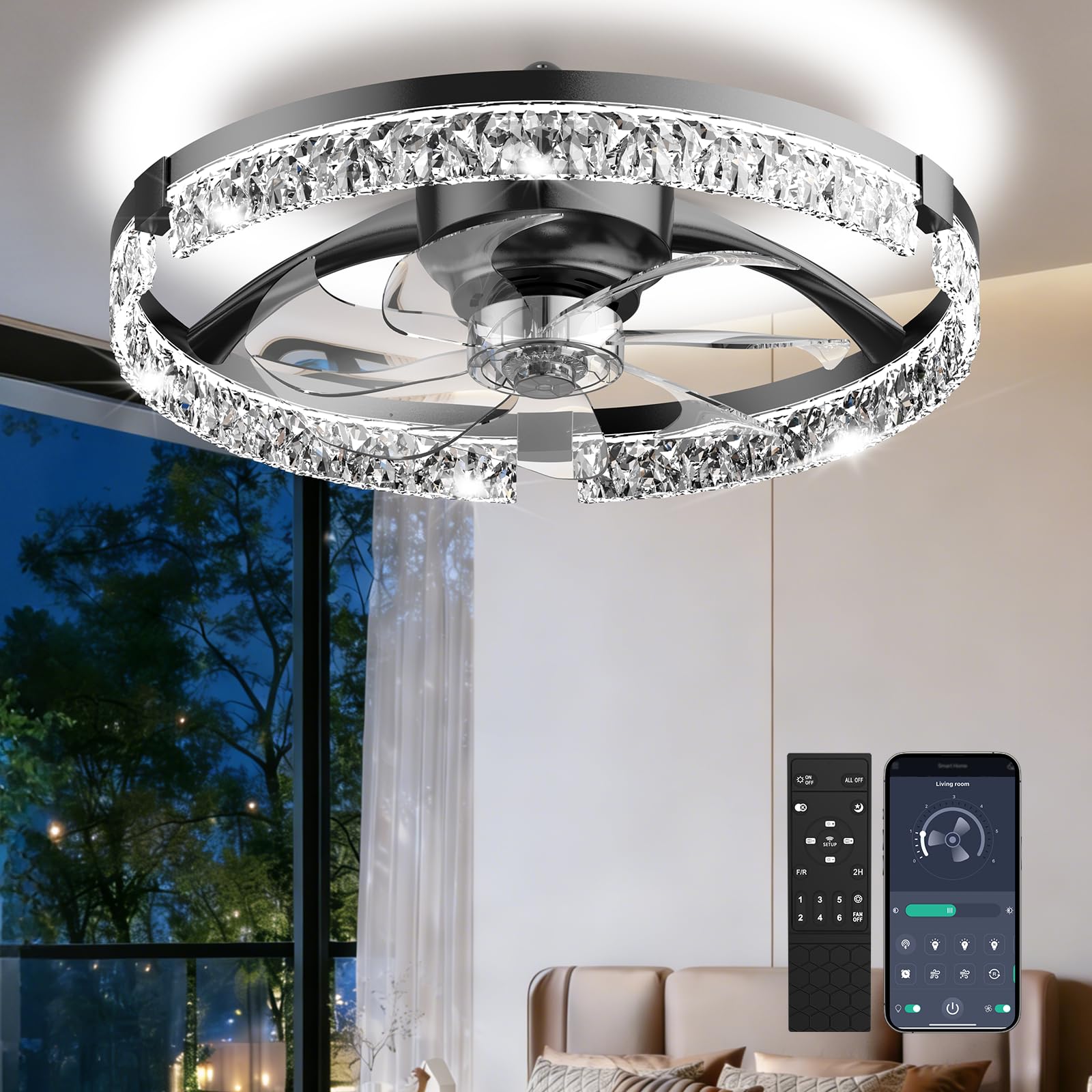 Photo 1 of AIKVSXER 20" Low Profile Ceiling Fan with Light and Remote, Dimmable LED Flush Mount Ceiling Fan, 6 Speeds, White Modern Design for Bedroom/Living Room ?Black-Crystal?