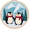 DIY Punch Needle Kits for Beginners Penguins Family with Snow Mountain with Hoop Punch Needle Starter Craft Embroidery Set Easy for Adults and Children Festival Gift and Decoration 20x20cm-1