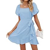 SAMPEEL Womens Summer Dresses Square Neck Puff Sleeve Tie Waist Short Dress
