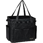 Durable Waxed Canvas Tool Tote Bag, Foldable Open Top Organizer with Metal Frame, 6 Pockets & Reinforced Handle (14" x 10" x 12.5" | Black)