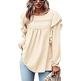 SKVON Womens Boho Tops Long Sleeve Ruffle Peasant Swiss Dot Flowy Blouses Tunic Dressy Casual Crochet Loose Fit Shirts 2025