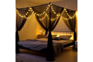 Anmas Home Mosquito Net Bed Canopy with 66ft LED Star String Lights for Double Bed, Black Netting Four Corner Post Curtains Bed Drape Elegant Mosquito Net