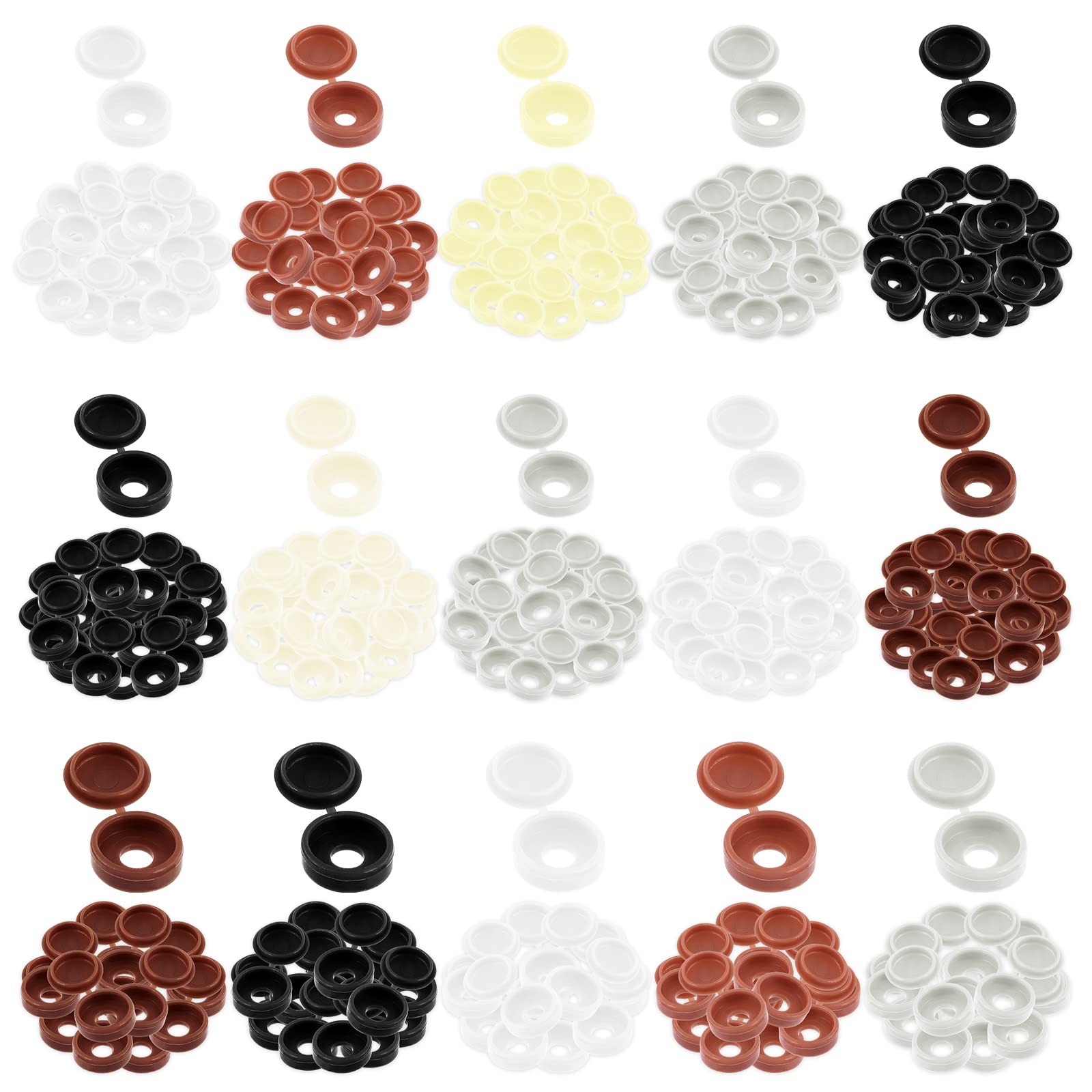 Mardatt 300Pcs Plastic Screw Cover Caps, 4/5/6mm Hinged Snap Covers Washer Flip Tops, Color Assortment Set (Black, White, Brown, Yellow, Gray)