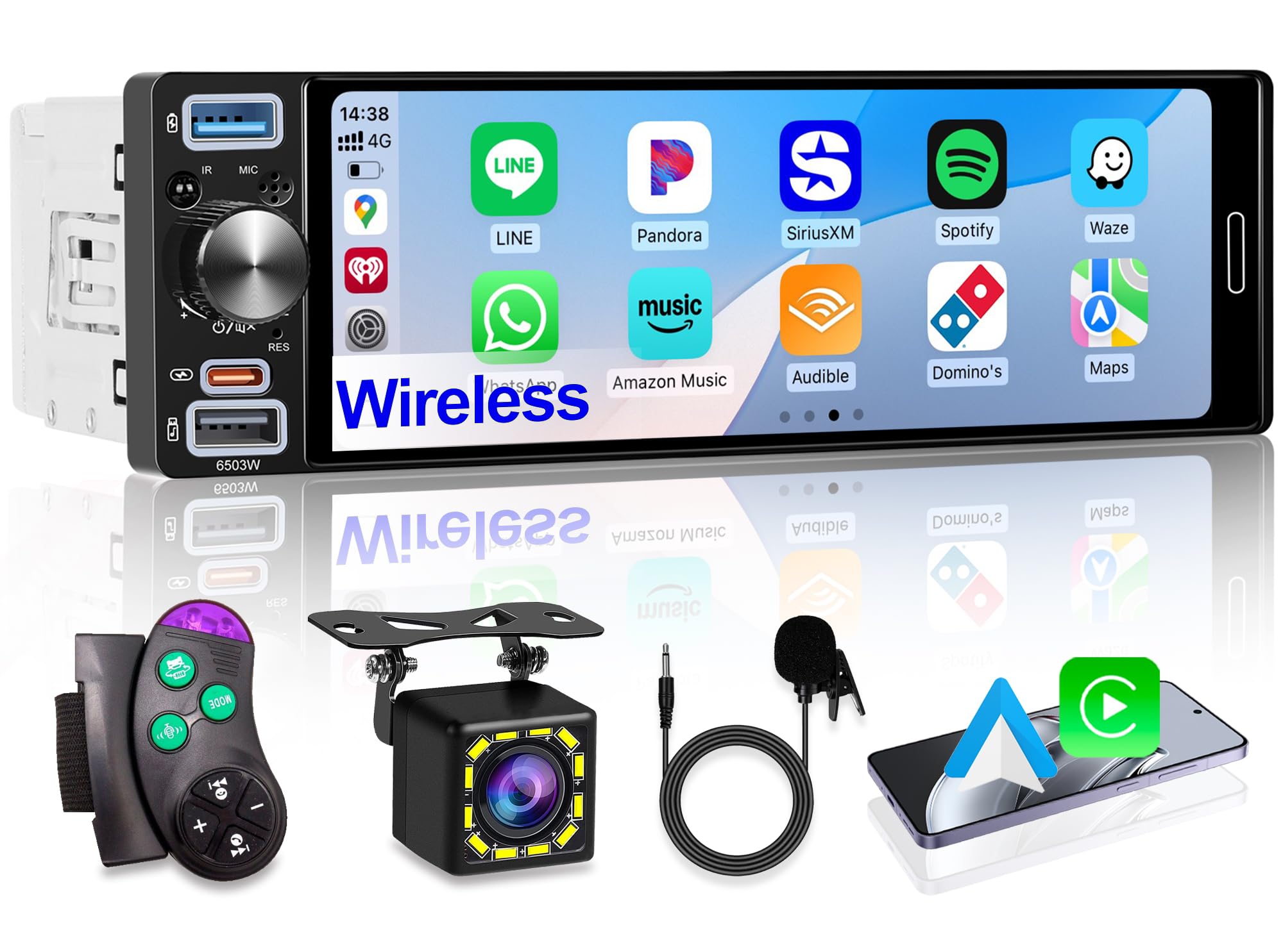 Photo 1 of 6.5" Single Din Car Stereo, Wireless Apple CarPlay Android Auto, Car Bluetooth 5.2, Car Radio with HD In-Cell IPS Touchscreen,FM/AM/RDS, Dual USB Type-C, HD Backup Camera, 180W Audio Output, Subwoofer