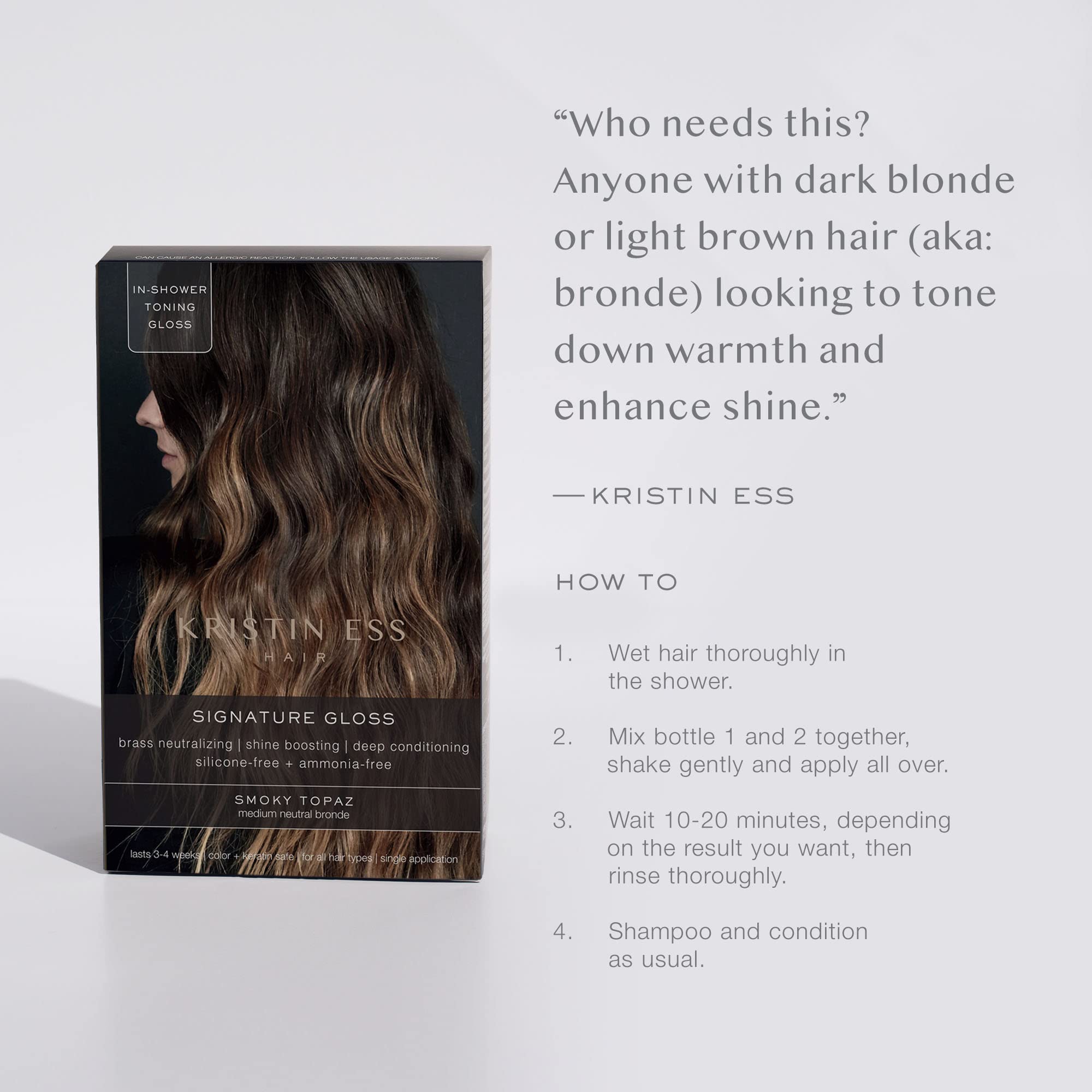 Kristin Ess Hair Gloss in Smokey Topaz Medium Neutral Blonde - 4 Wk Semi Permanent Hair Dye Glaze - Color Depositing Conditioner & Toner for Vibrant Shine & Gloss - Vegan, Silicone & Ammonia Free