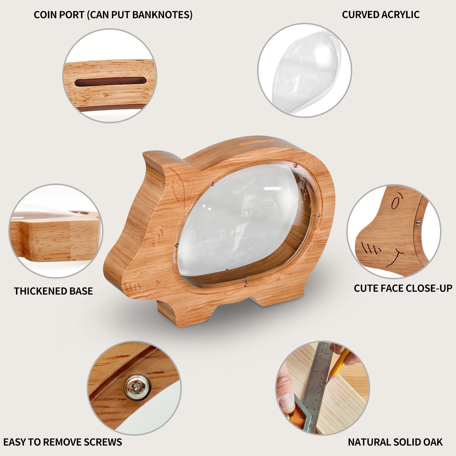 Wooden Clear Piggy Bank for Boys Girls Kids, Large Unbreakable Wood Money Bank, Cute Coin Bank Creative Saving Bank for Christmas Birthday Gift Baby Shower…