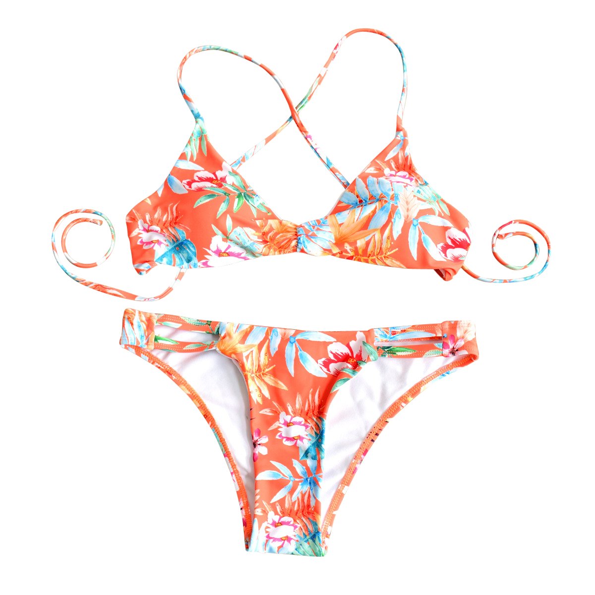 CUPLUM Floral Printing Swimwear Triangle Bikini For Women (S(US 2-4), RED/CB1704)