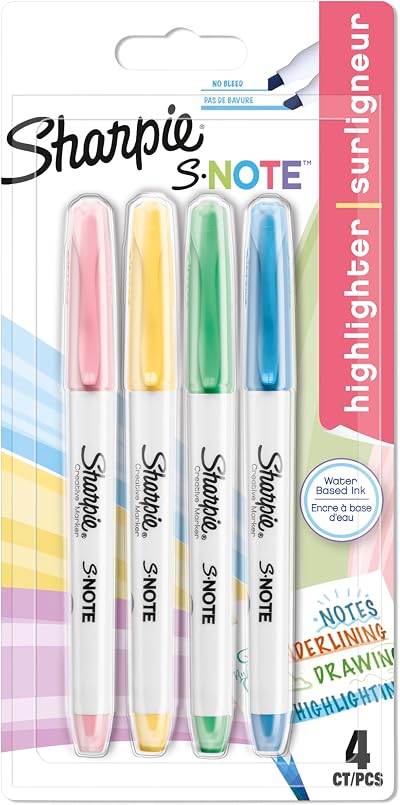 Sharpie S-Note Highlighter Pens 4 Count Pastel Chisel Tip Assorted
