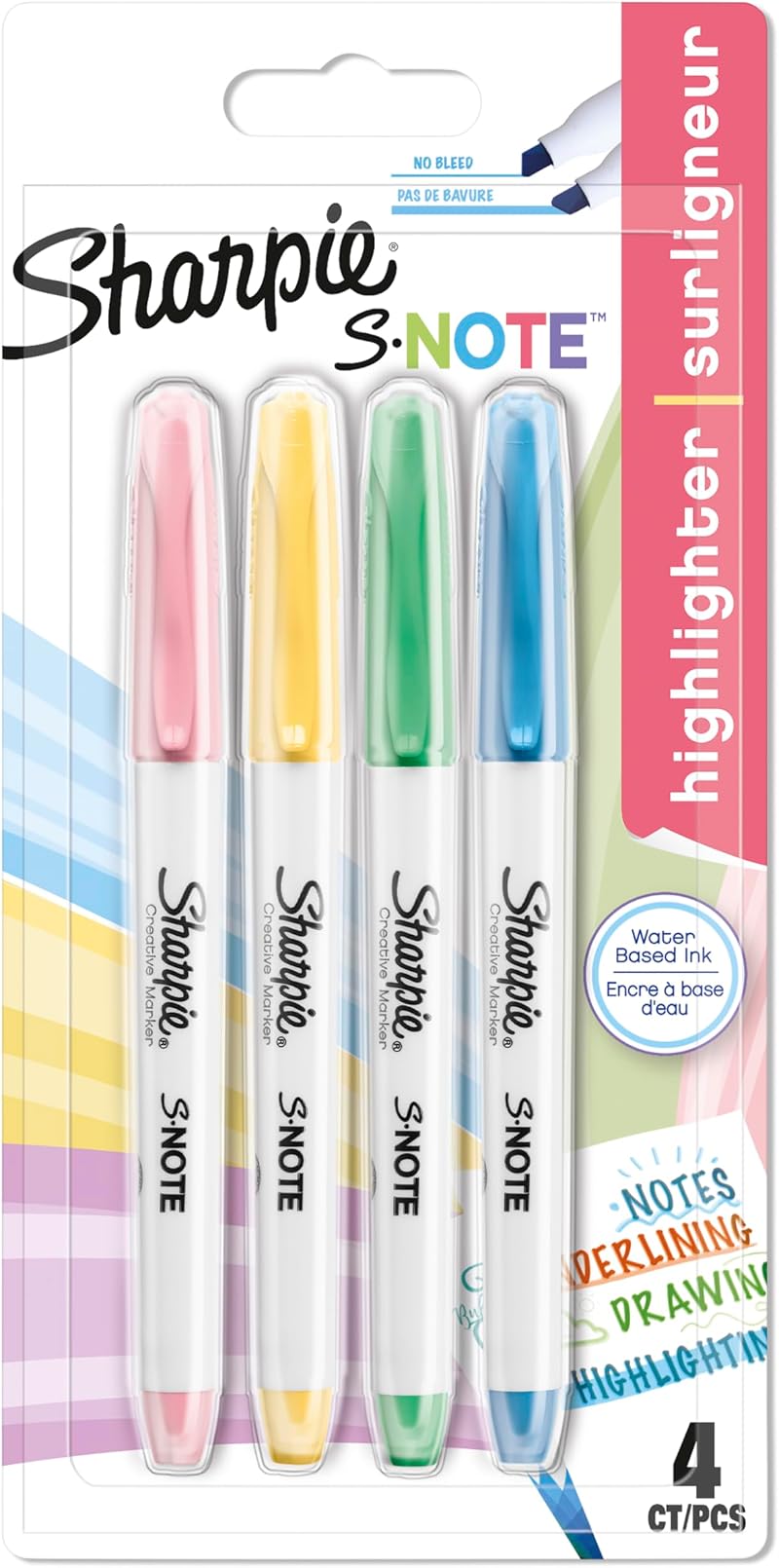 Sharpie S-Note Highlighter Pens 4 Count Pastel Chisel Tip Assorted