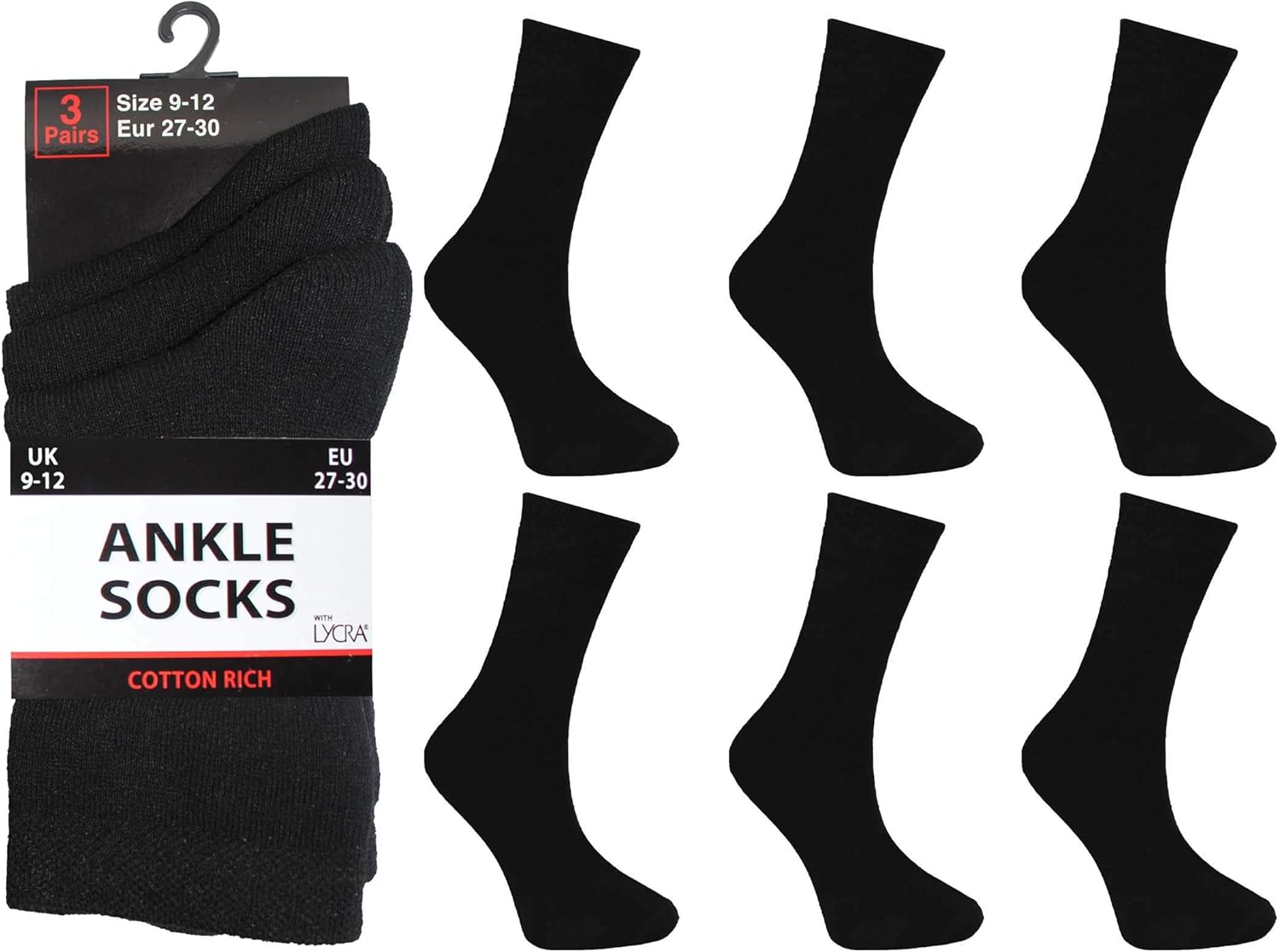 12 Pairs Boys Ankle Socks Size 912 Plain Black Calf Sock Causal