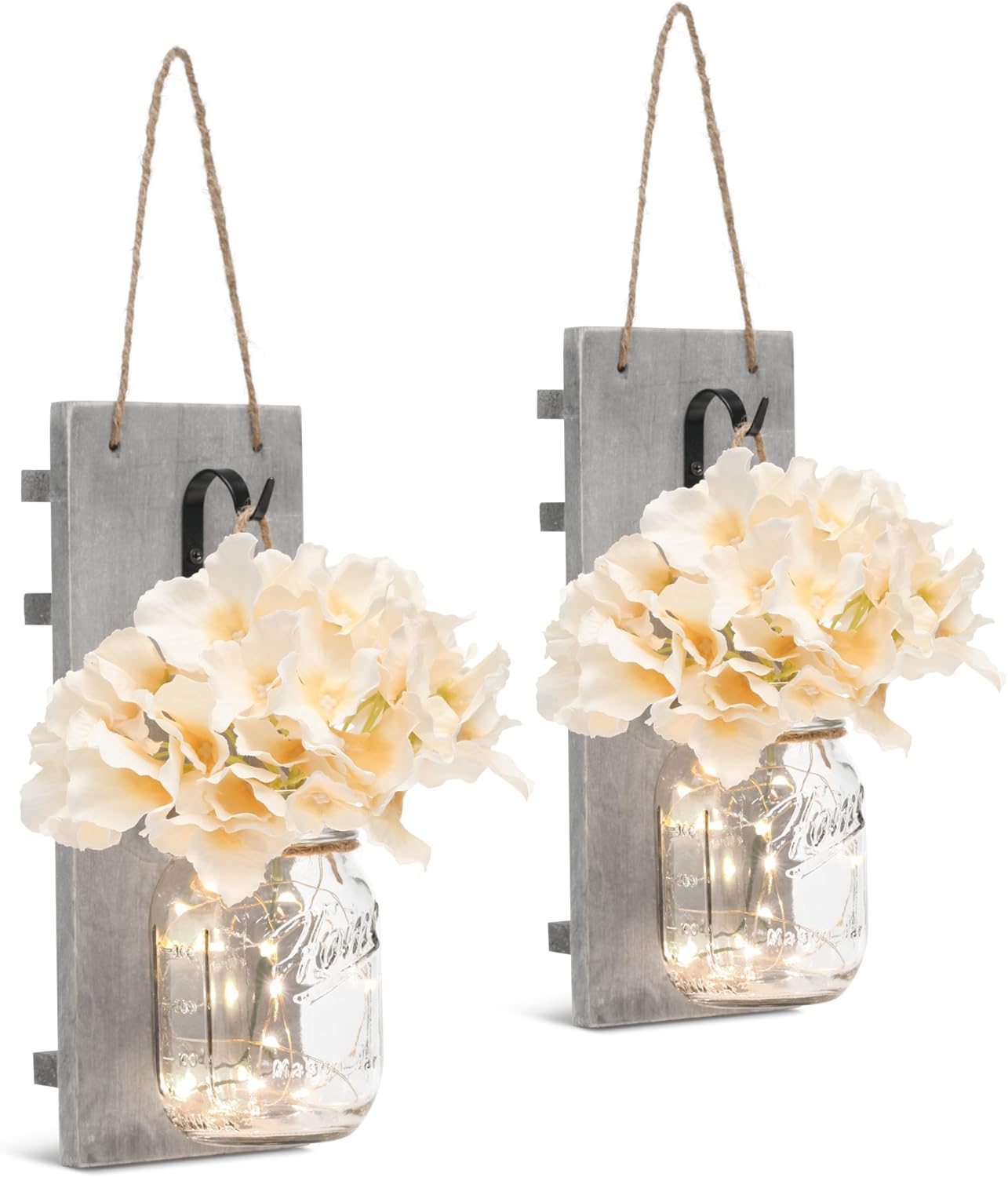 Rustic Wall Sconces - Mason Jars Sconce, Rustic Home Decor,Wrought Iron Hooks, Silk Hydrangea and LED Strip Lights Design 6 Hour Timer Home Decoration (Set of 2): Home & Kitchen