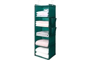 BOOMIBOO Hanging Closet Organize and Shelves，5-Hanging Shelf with 2 Side Pockets，Storage Foldable （Green）