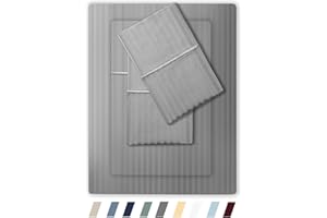 FEATHER & STITCH NEW YORK Feather & Stitch 500 TC Queen Size Damask Bed Sheet Set, 100% Soft Cotton Breathable Bedsheets, 18" Deep Pockets Sateen Weave Striped Bedding Mattress Resort Hotel Luxury Décor - (Grey, Queen)