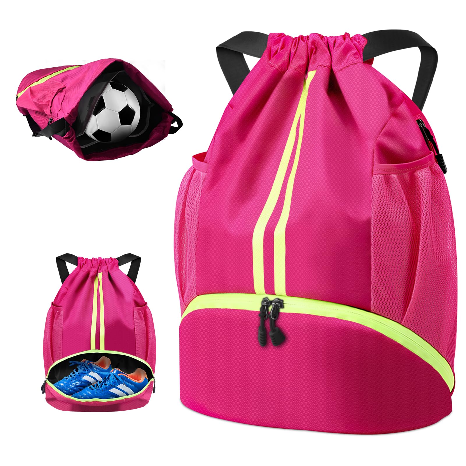 BROTOU Unisex Drawstring Backpack, Waterproof Gym Bag, Large Oxford PE Pack, Students School Backpack, Durable Sports Ball Bag, with Shoe Bag (A, Rose Red)