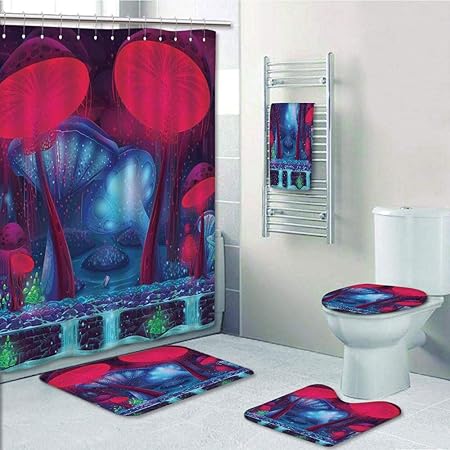 Bathroom 5 Piece Set Shower Curtain 3d Print Customized Mushroom Decor Magic Mushrooms With Vibrant Neon Lights Graphic Image Enchanted Forest Theme Print Blue Red Graph Customization Desi Amazon Co Uk Kitchen Home