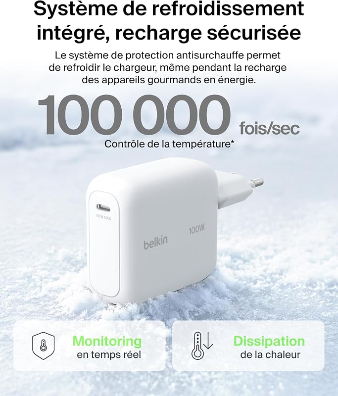 BoostCharge Chargeur Secteur GaN USB-C 100 W, Chargeur Compact Et Pliable, Recharge Rapide, pour iPhone 17, Samsung Galaxy S26, Pixel 10, AirPods, Tablette, MacBook, Chromebook - Blanc