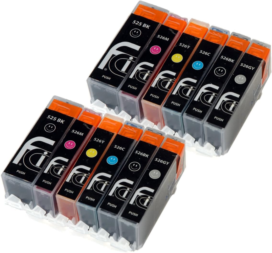 Compatible Canon Pixma x12 PGI-525/CLI-526 Inks (Contains: 2x 525BK Large Black, 2x 526C Cyan, 2x 526M Magenta, 2x 526Y Yellow, 2x 526BK Small Black 2x 526GY Grey) for Canon Pixma MG6150, MG6220, MG6250, MG8150, MG8220, MG8250 Double Capacity Inks