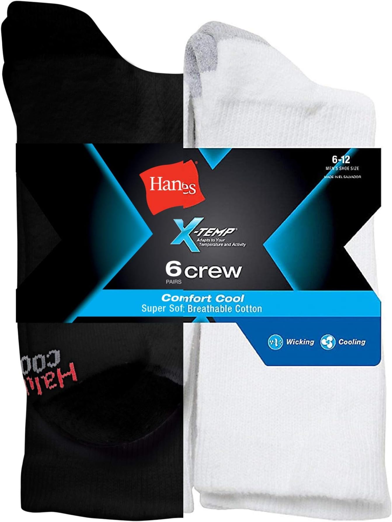 Hanes Men's 5-Pack Comfort Cool FreshIQ X-Temp Crew Socks (Shoe Size 6-12) (10-13 / Shoe: 6-12, Black & White)