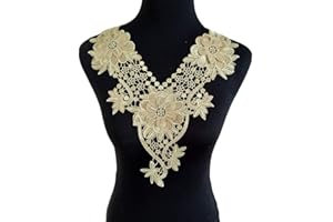 ZALALAA 1pcs Gold Thread Embroidered Lace Neckline Collar Trim Tones Floral Brown Leaf Applique Patches