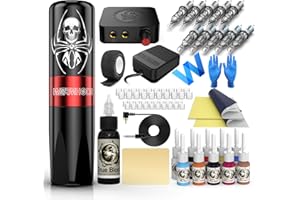Tattoo Kit, Wormhole Tattoo Gun Kit Tattoo Machine Kit with Tattoo Gun 11 Tattoo Inks 10 Cartridge Needles, Power Supply for Beginners WTK187