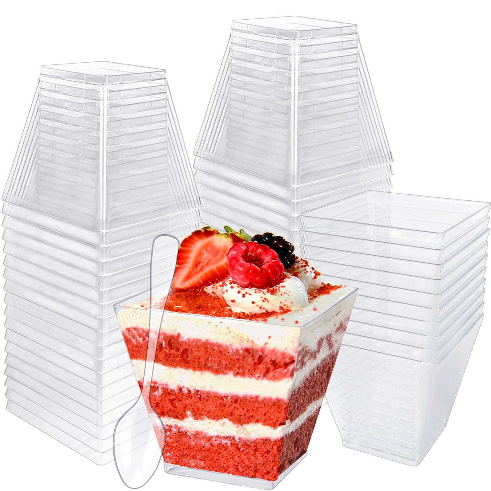 Photo 1 of 100 Pack 3.5 oz Plastic Dessert Cups with Spoons,Clear Square Mini Dessert Cups,Small Tumbler Appetizer Cups Parfait Cups for Desserts,Mousse,Puddings,Party Supplies