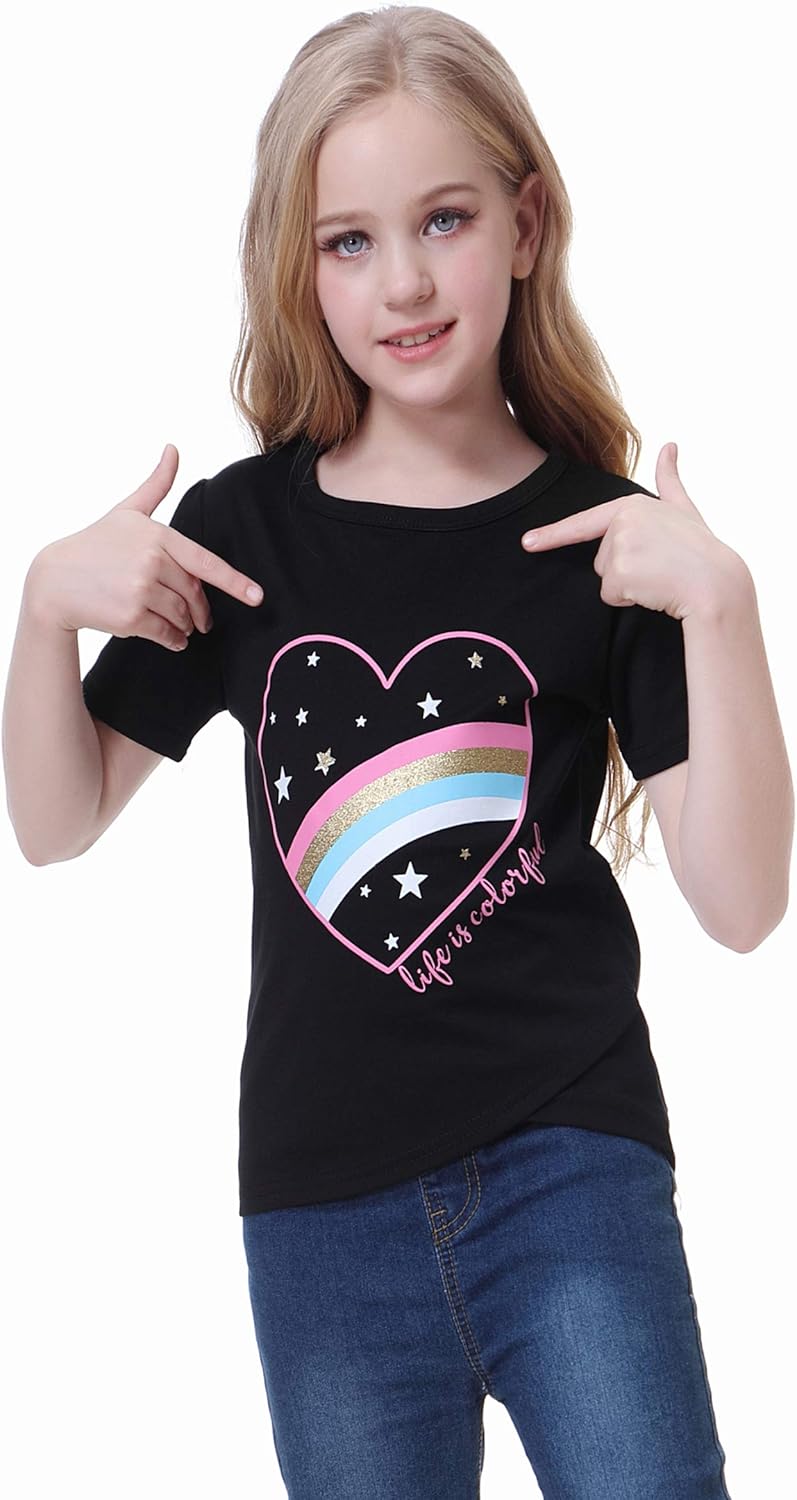 MyFav Girls Casual Short Sleeve Cute Print T-Shirts Round Neck Loose Tunic Tops for 6-15 Years: Clothing