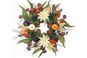 FLACREDYYY 20 Inch Fall Wreath for Front Door, Artificial Thanskgiving Autumn Wreath with Pumpkins, Berries, Dahlia and Silk Leaves for Farmhouse Home Window Wall Office Indoor Outdoor Decorations
