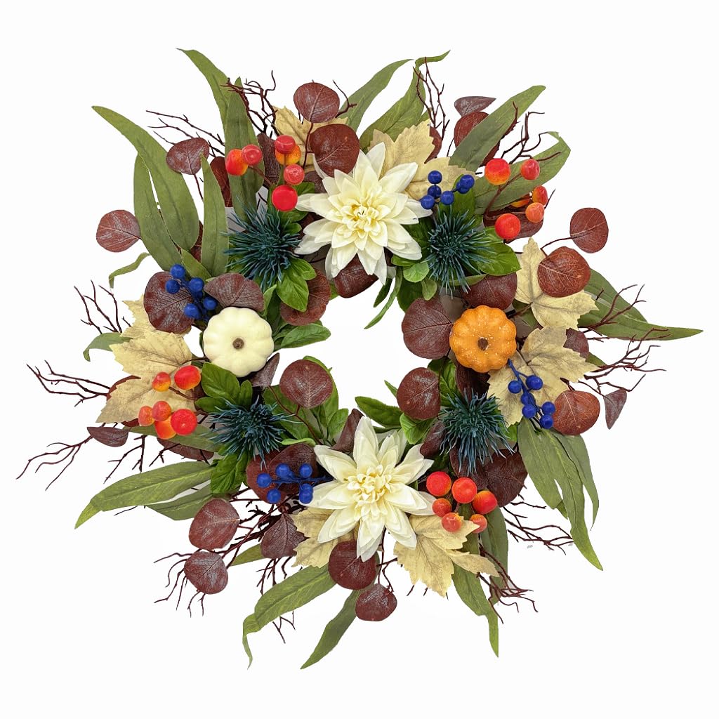 Photo 1 of 20 Inch Fall Wreath for Front Door, Artificial Thanskgiving Autumn Wreath with Pumpkins, Berries, Dahlia and Silk Leaves for Farmhouse Home Window Wall Office Indoor Outdoor Decorations