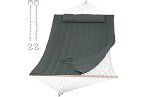 SUNCREAT Portable Double Rope Hammock with Pad, Two Person Tree Hammock for Garden, Backyard, Patio, Poolside, Gray Green