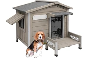 Gowoodhut Dog House Outdoor Weatherproof & Wooden Indoor Dog Kennel with Chew-Proof Iron Frame，Removable Floor, Recreational Steps and Adjustable Window, Easy Assembly(Gray,34" L × 28" W × 28" H)