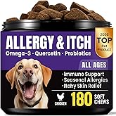 Dog Allergy & Itch Relief Chews - Immune Support for Dogs with Probiotics, Anti-Itch Pet Allergy Chews for Yeast, Itchy Skin, Ears & Paw Licking - Yeast Balance Support for Seasonal Allergies 180 Ct