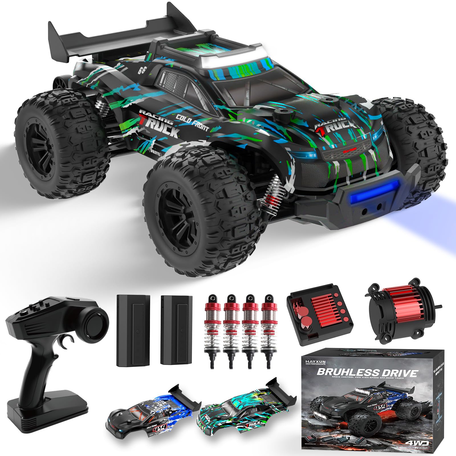 Photo 1 of 1/16 RTR Brushless Remote Control Cars for Adults, 4WD 60KM/H Fast All Terrain Off-Road RC Truck, High Speed RC Car with 2 LiPo 2000 mAh Batteries, Oil-Filled Shocks, 2-Color Shell, Colorful Lights