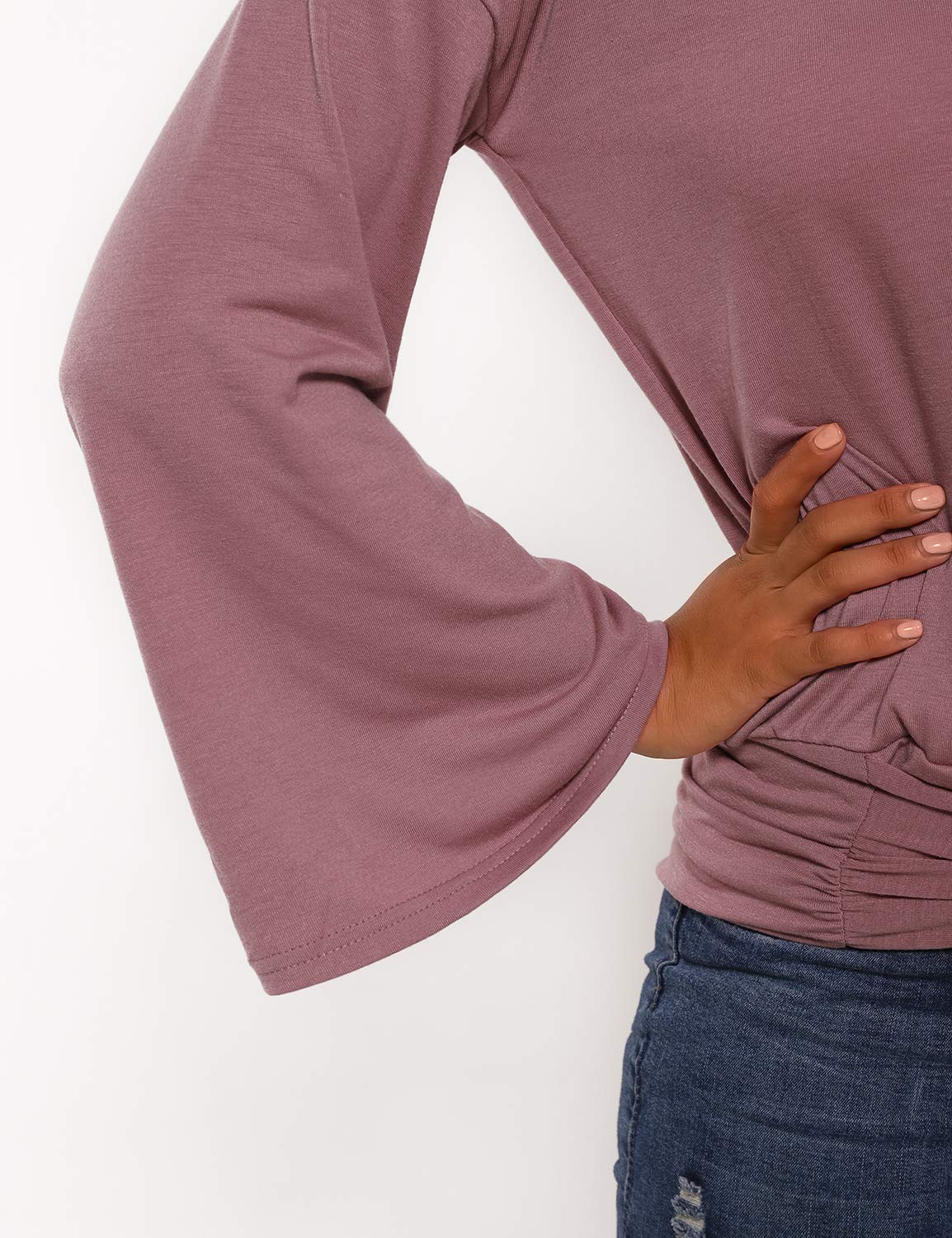 Blooming Jelly Womens Wrap Top V Neck Shirts Long Bell Sleeve Ruched Tie Knot Front Blouse（L,Red