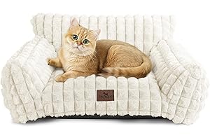 blunique Cat Beds for Indoor Cats - Cute Cat Couch Bed Fluffy Pet Sofa with Faux Rabbit Fur Washable Cover, Fuzzy Pet Couch in 3D Diamond Pattern, Suppportive Large & Small Cats Sofa, 24inch Off White