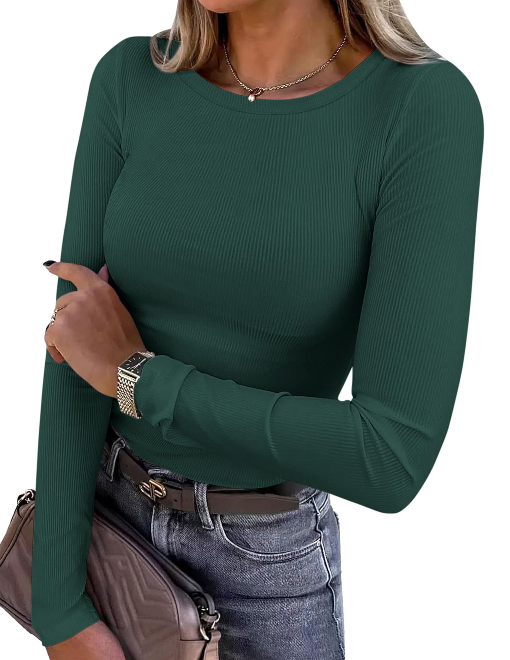 Photo 1 of PRETTYGARDEN Women 2025 Fall Clothes Long Sleeve Shirts Ribbed Knit Fitted Basic Tee Going Out Tops Underscrub Casual Outfits (Dark Green,Small)