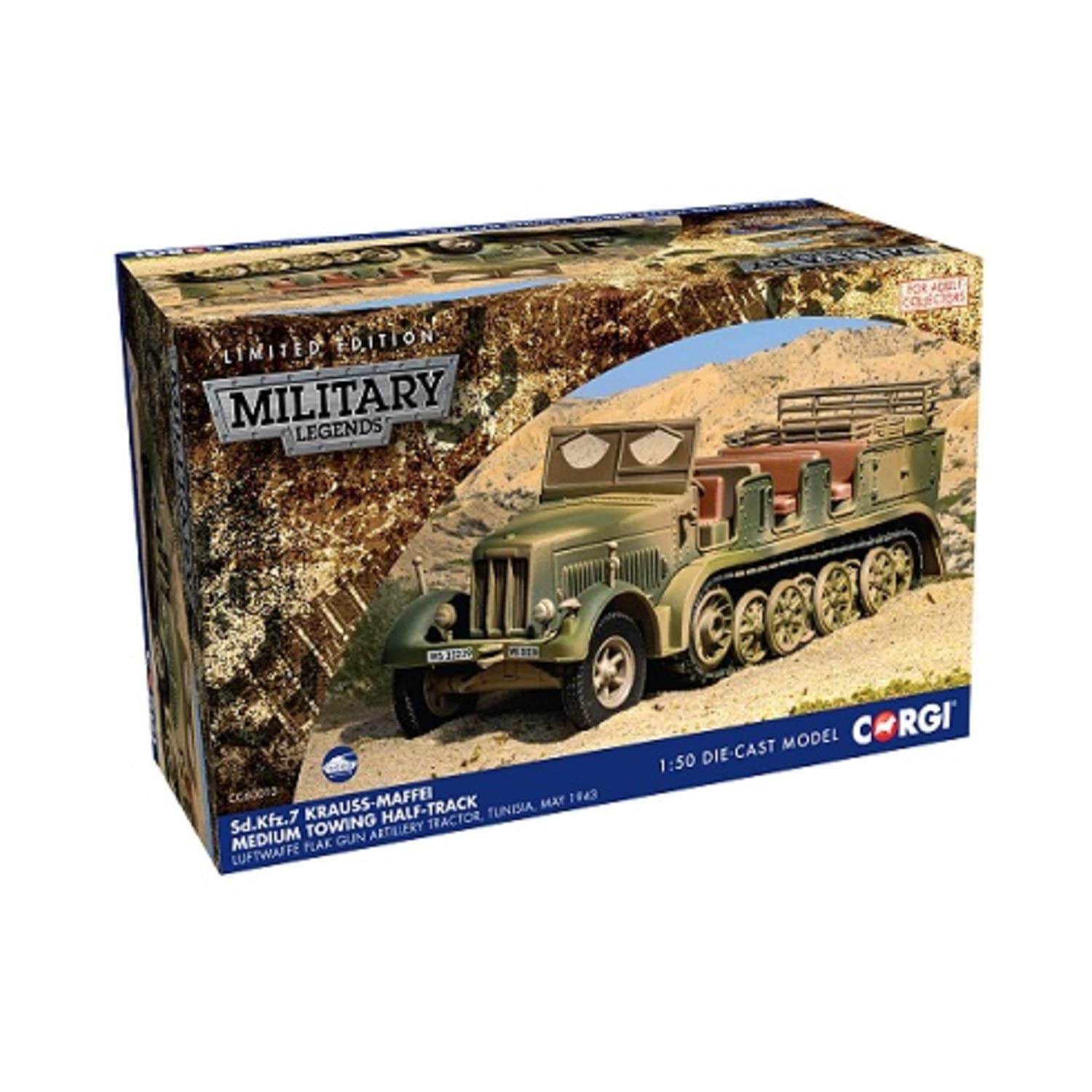 Corgi Diecast Half-Track - CC60013 Sd;Kfz;7 Krauss-Maffei Medium Towing Half - German Military Metal Half-Track Toy Detailed Armored Vehicle - Die Cast World War II Models for Adults, Green