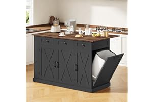 CHOEZON 130 cm Movable Kitchen Island Table with Foldable Top, Kitchen Island Cart with Storage, Trash Bin Cabinet, 2 Drawers