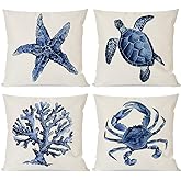 PANDICORN Sea Life Coastal Throw Pillow Covers 18x18 Inch Starfish Turtle Crab Coral Indigo Blue Summer Beach Ocean Nautical Outdoor Decorations Decorative Throw Pillows Cases Set of 4 for Couch Decor
