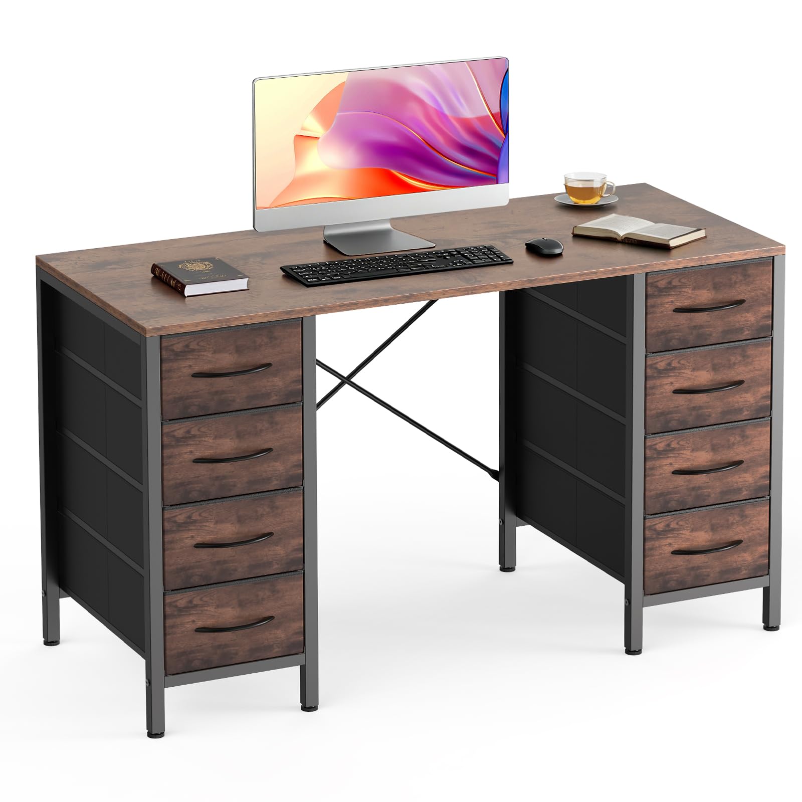 Sweetcrispy Desk with 8 Fabric Storage Drawers, Computer Office 47 Inch Gaming Writing Study Table with X-Shaped Reinforced Structure for Home Office Bedroom PC Desk, Brown