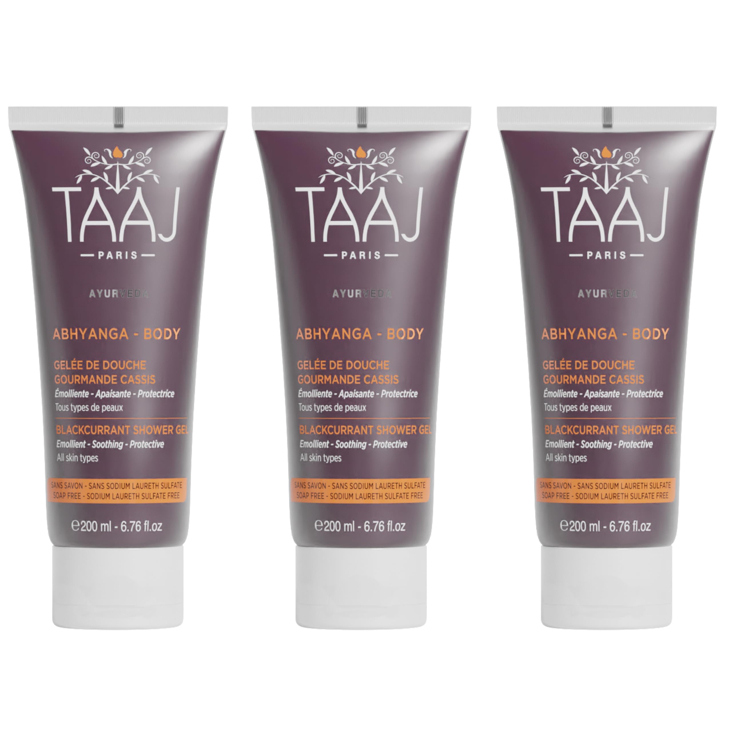 TAAJ | Abhyanga Blackcurrant Shower Jelly | Anti-Oxidant Virtues | Gently Cleanses the Skin | The skin is Delicately Perfumed | Made in France | Vegan | CrueltyFree | Set of 3x200ML