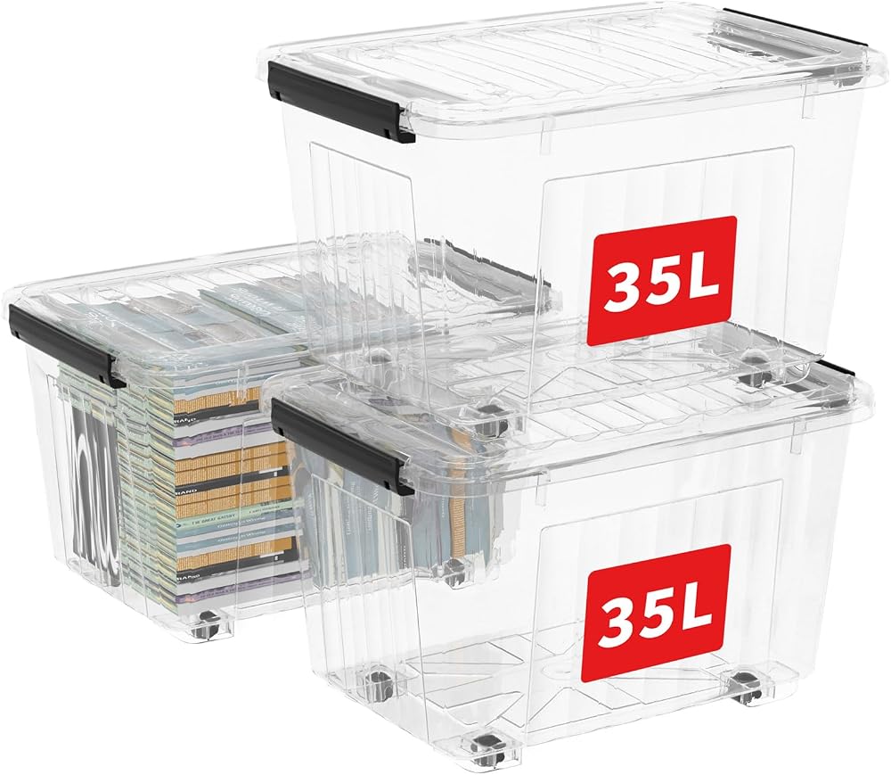 Cetomo 35L-3 Plastic Storage Boxes with Wheels, Lidded Stackable Nestable
