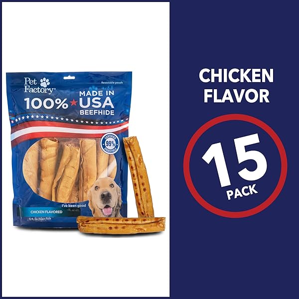 PET FACTORY 100% MADE IN USA BEEFHIDE 8″ ROLLS DOG CHEW TREATS – CHICKEN FLAVOR, 15 COUNT/1 PACK
