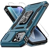 DEERLAMN Case for iPhone 14 Plus with Slide Camera Cover+Screen Protector(1 Pack), Rotated Ring Kickstand Military Grade Shockproof Protective Cover 6.7 Inch-Light Blue