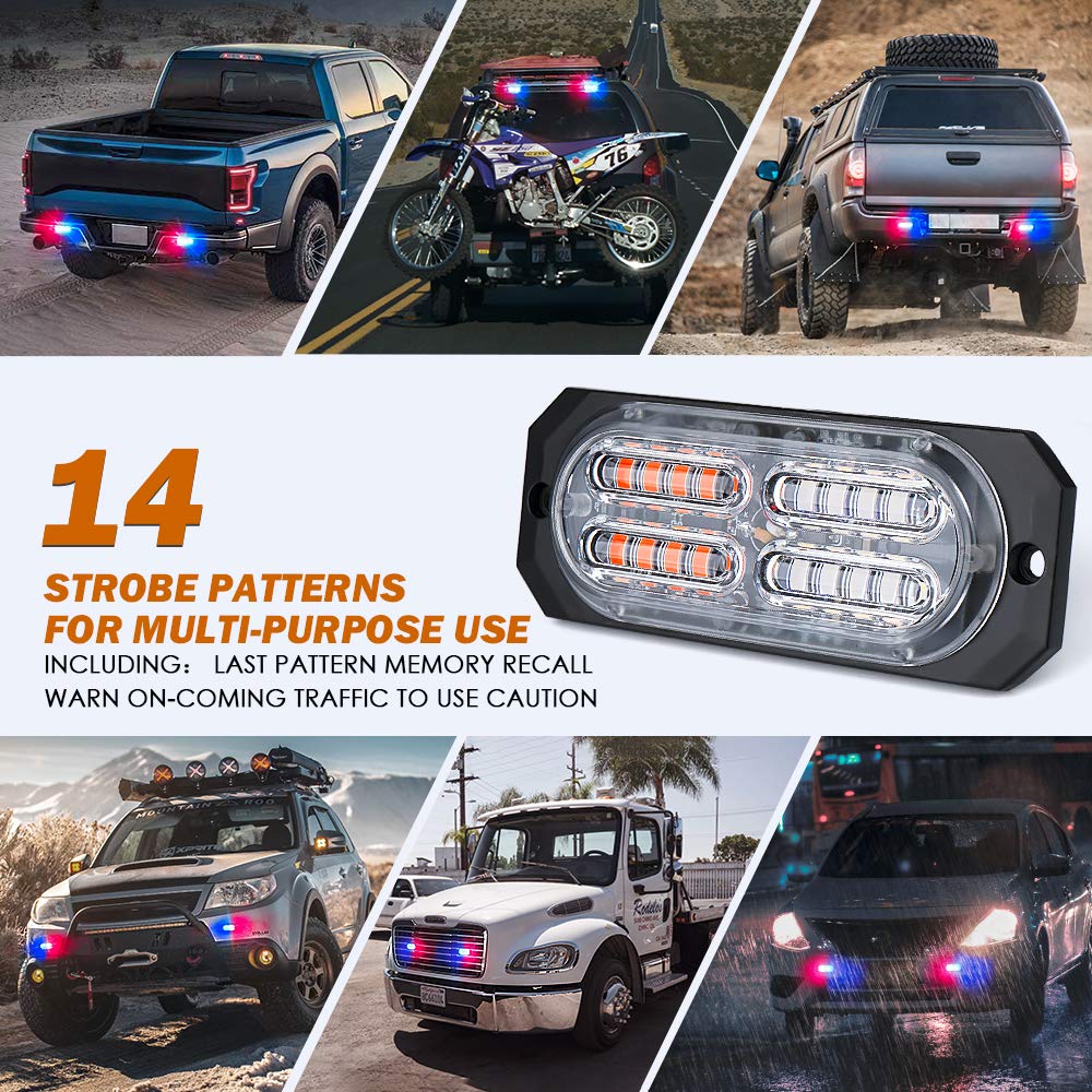 Xprite Red Blue 20 LED Surface Flush Mount Grille Emergency Strobe Lights Kit Deck Dash Grill Side Marker Warning Hazard Flashing Police Light for Firefighter Vehicles Cars SUV ATV Truck Pickup 4PCS