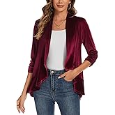 LADI TREND Velvet Cardigans for Women's Ruched 3/4 Sleeve Open Front Collarless Ruffle Hem Velvet Cardigan
