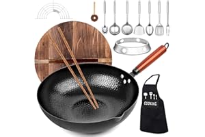 12.6'' Carbon Steel Wok Pan, KAQINU 14 Piece Stir Frying Pans Set with Wooden Lid & Cookwares, No Chemical Coated Flat Bottom